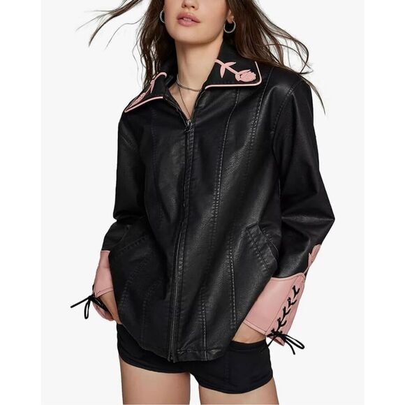 Maixang Oversized Faux Leather Embroidered Jackets Zip Up Motorcycle Coats - Picture 1 of 8